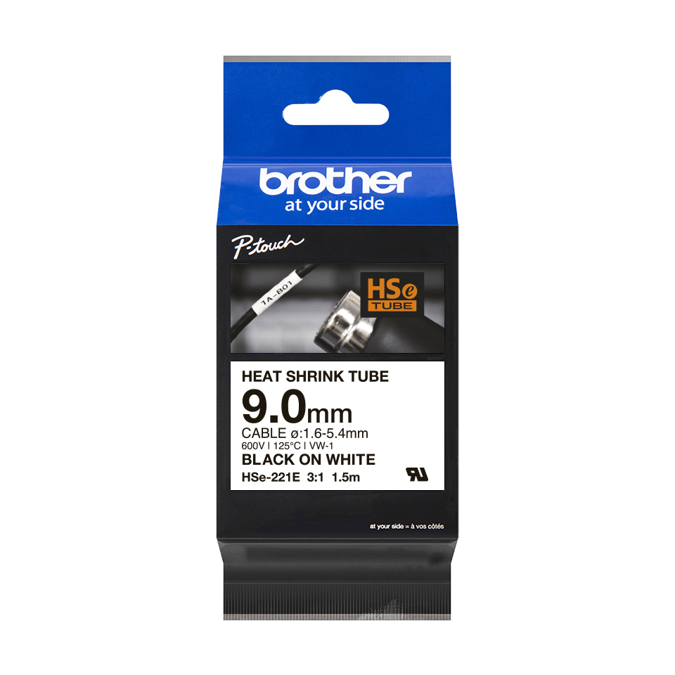 Brother HSe-221E Schrumpfschlauchkassette Schwarz-Weiß 9,0 mm