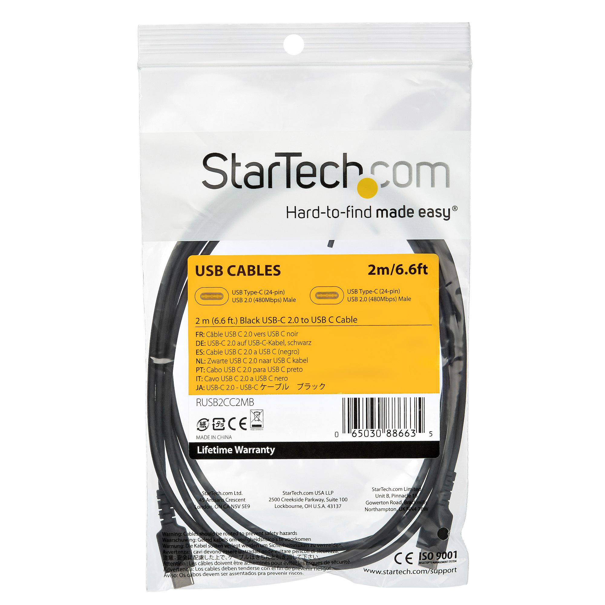 STARTECHCOM RUSB2CC2MB USBC Kabel 2m hochwertiges USB 20 TypC Datenübertragungs und Ladekabel StSt Schwarz