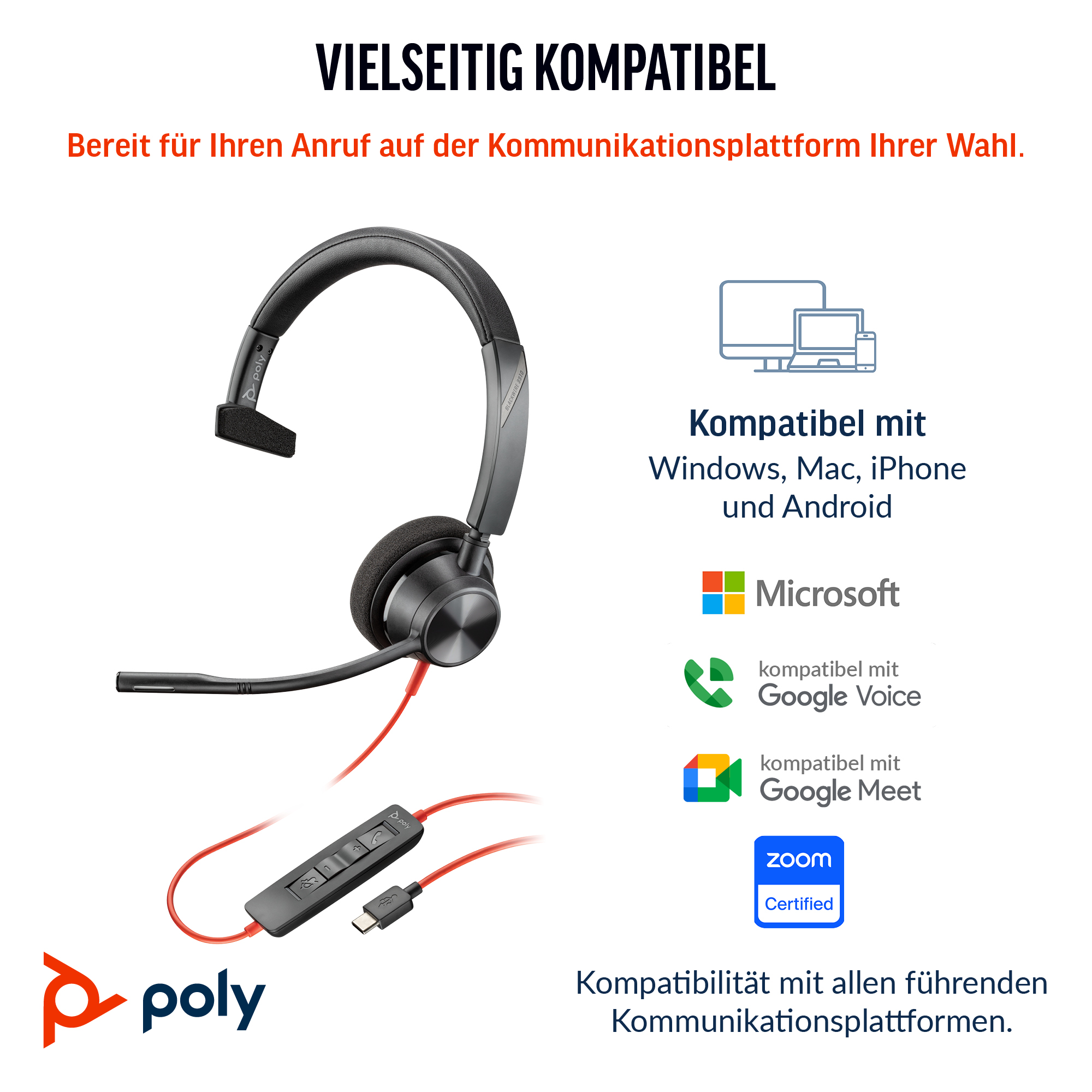 Poly Blackwire 3310 Monaural USB-C Headset