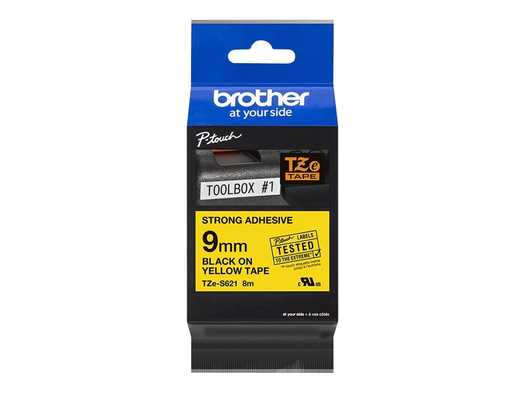 Brother TZe-S621 Schriftband extra starker Klebstoff Schwarz auf Gelb 9mm x 8m