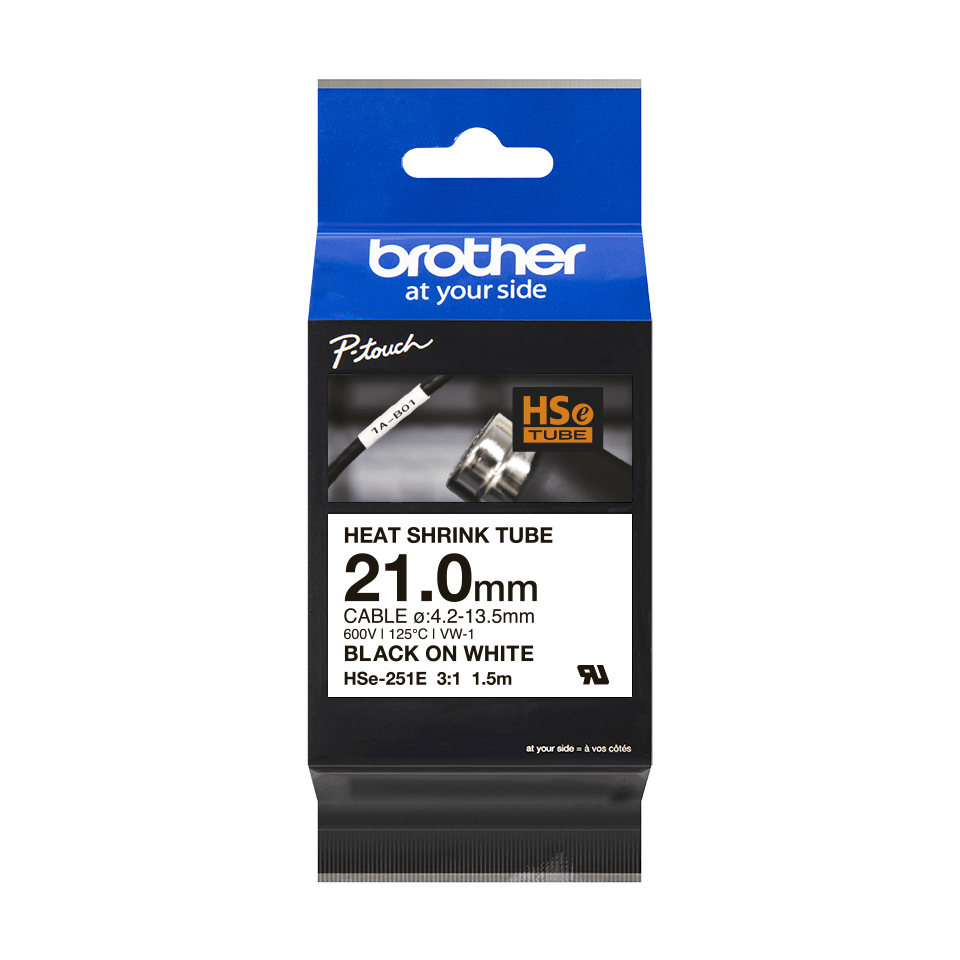Brother HSe-251E Schrumpfschlauchkassette Schwarz-Weiß 21,0 mm