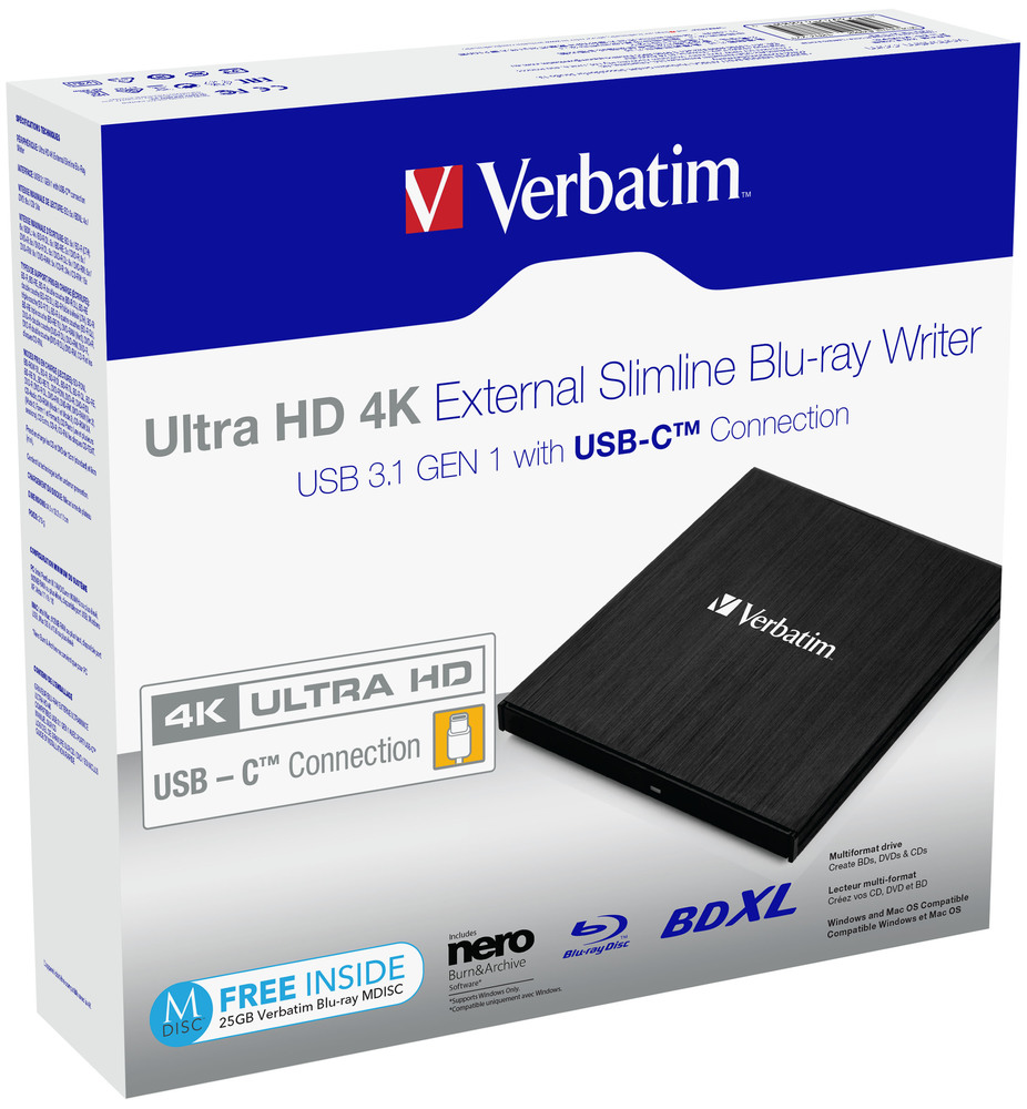 Verbatim Ultra HD 4K Slimline Blu-ray Brenner USB 3.1 Typ C