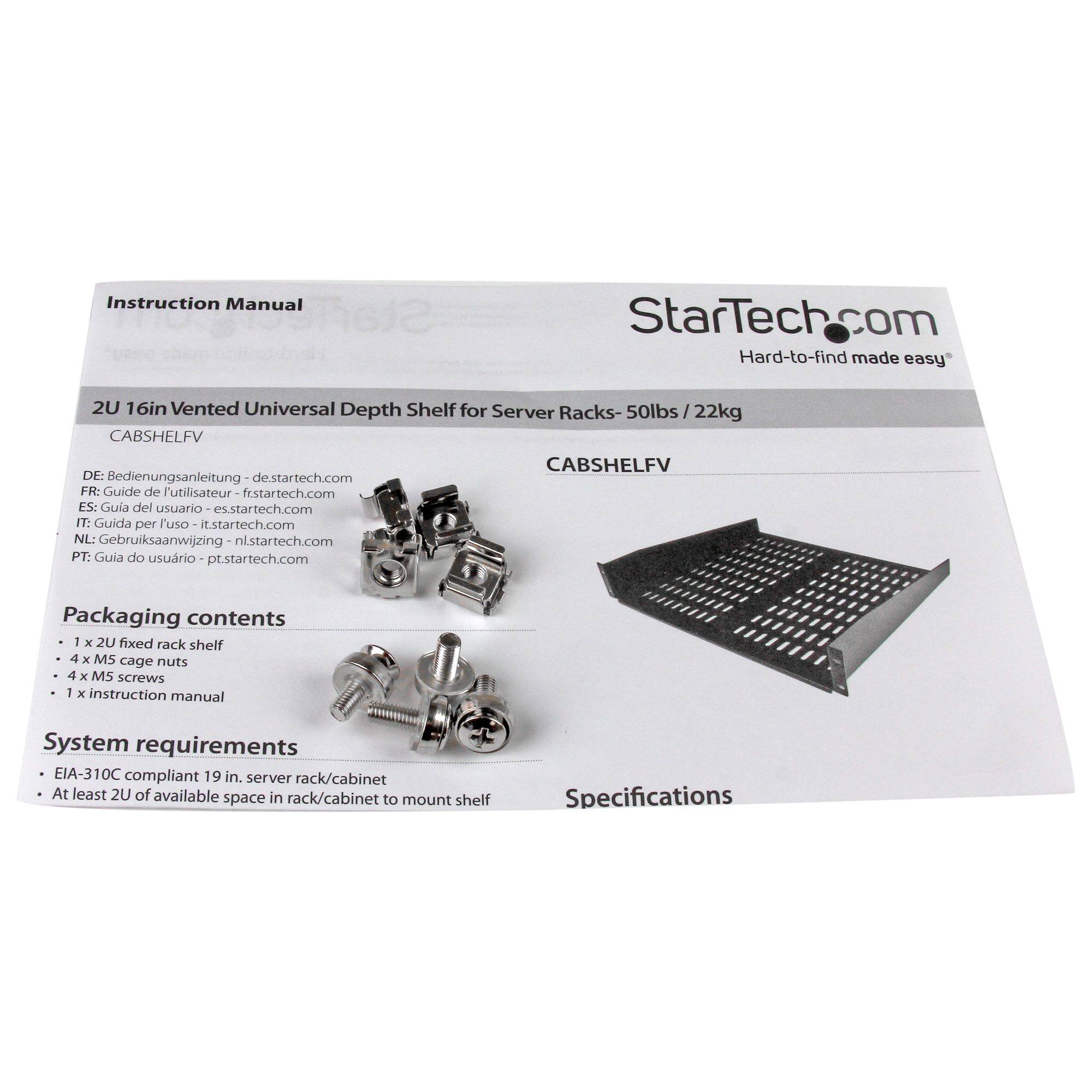StarTech 2U Universal Rack Fachboden belüftet 16 Zoll