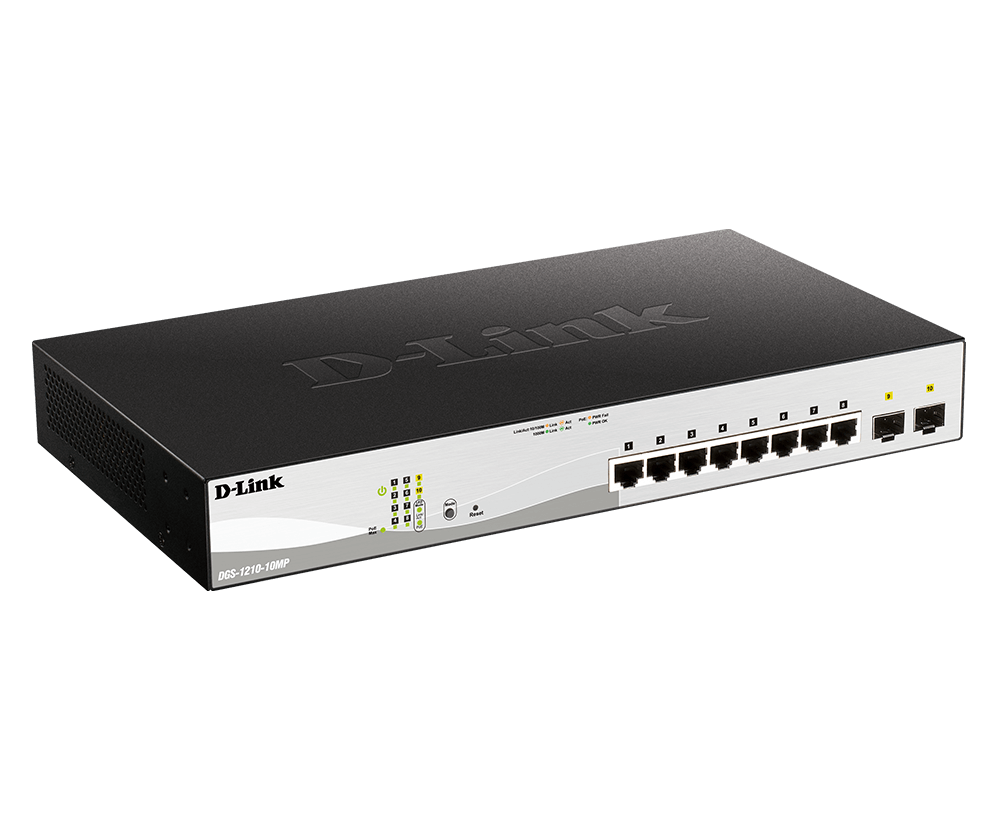 DLINK DGS121010MPE 10Port Layer2 PoE Smart Managed Gigabit Switch 8x 101001000BASET PoE 2x 1001000 Mbps SFP lüfterlos