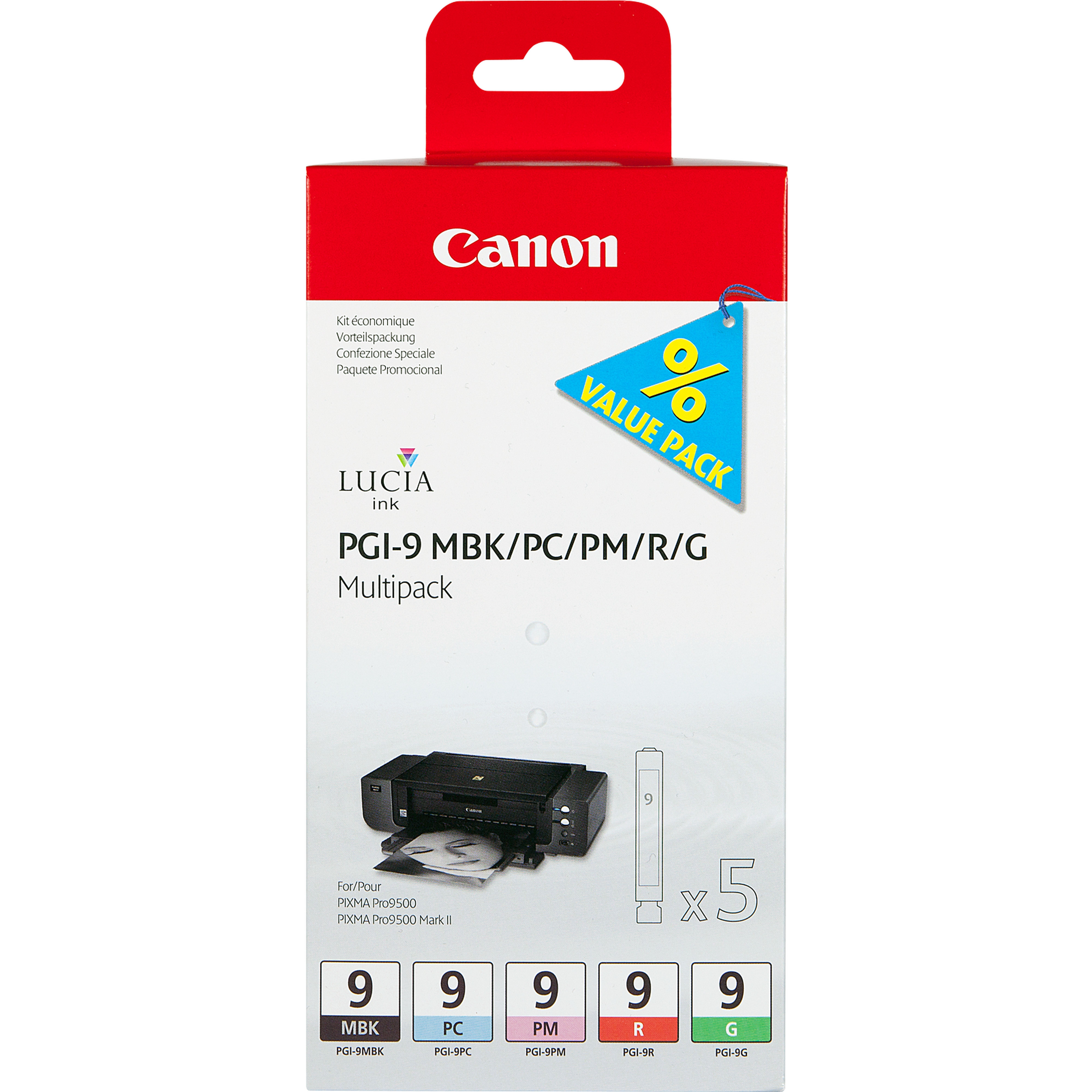 CANON PGI9 MBK, PC, PM, R, G Tinte schwarz und vier Farben Standardkapazitaet combopack blister mit Alarm