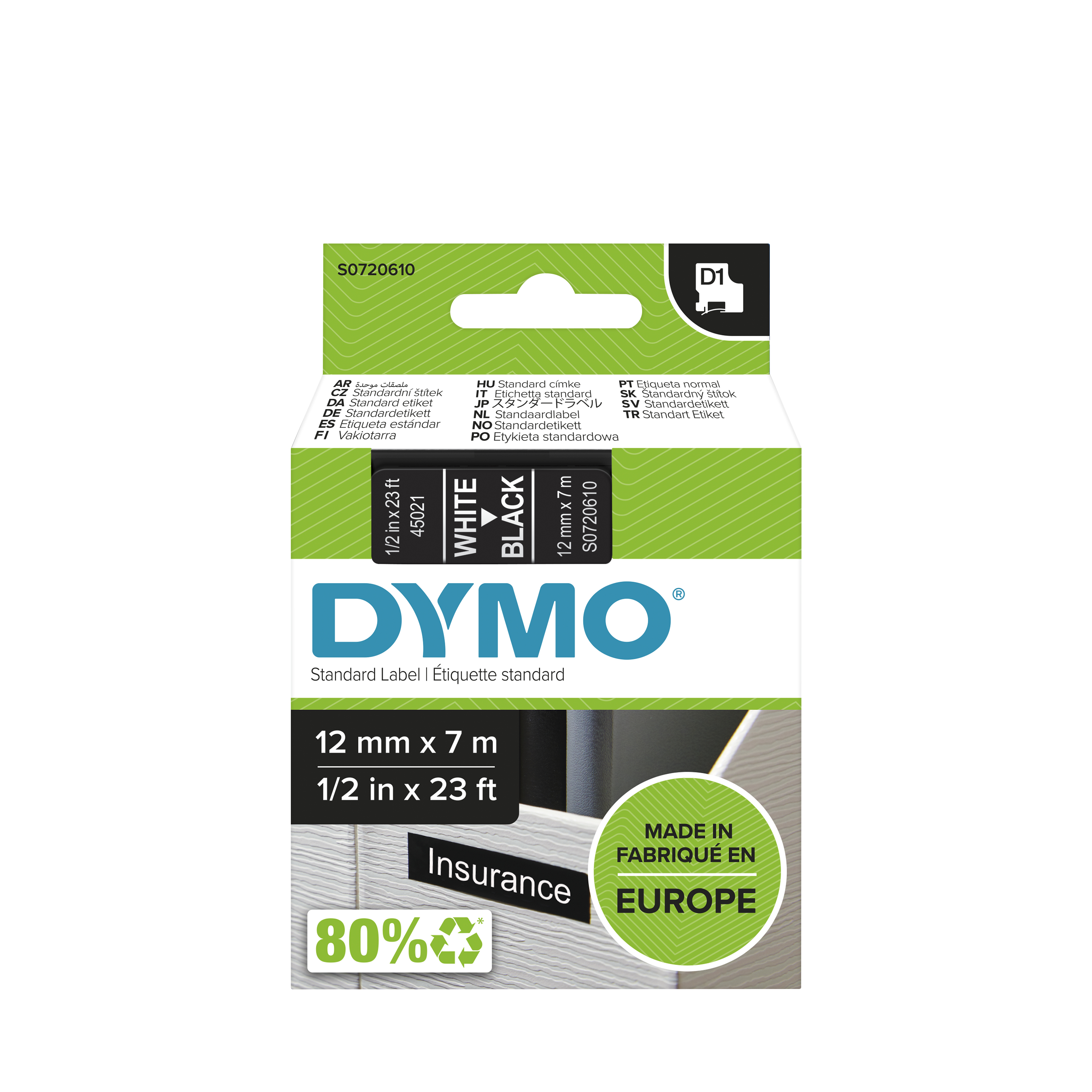 Dymo D1 12mm x 7m Weiß auf Schwarz
