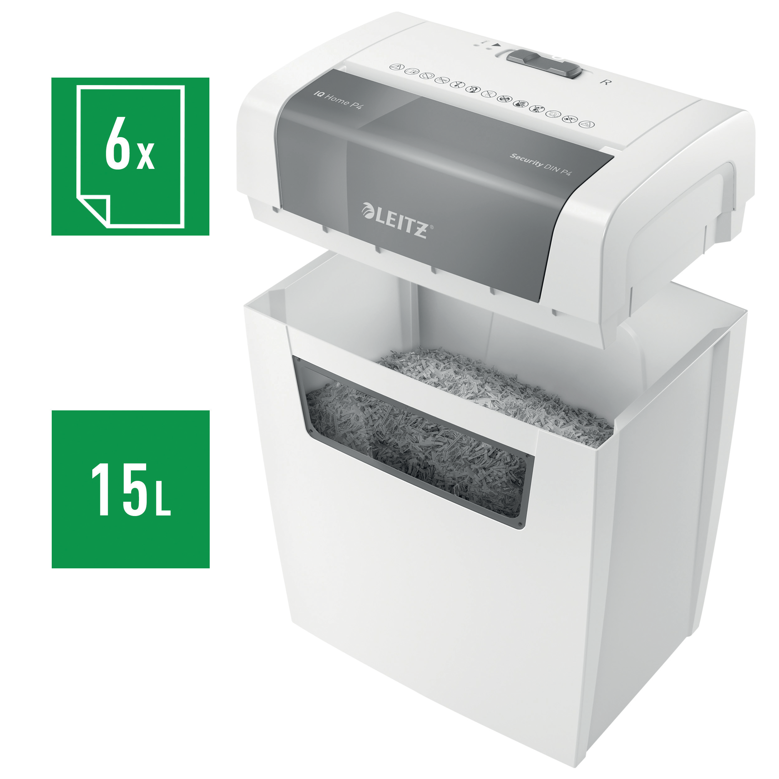 AKTION LEITZ IQ Home Aktenvernichter mit Partikelschnitt P4, 4 x 28 mm, bis 6 Blatt, weiss mit 5 Euro CashBack