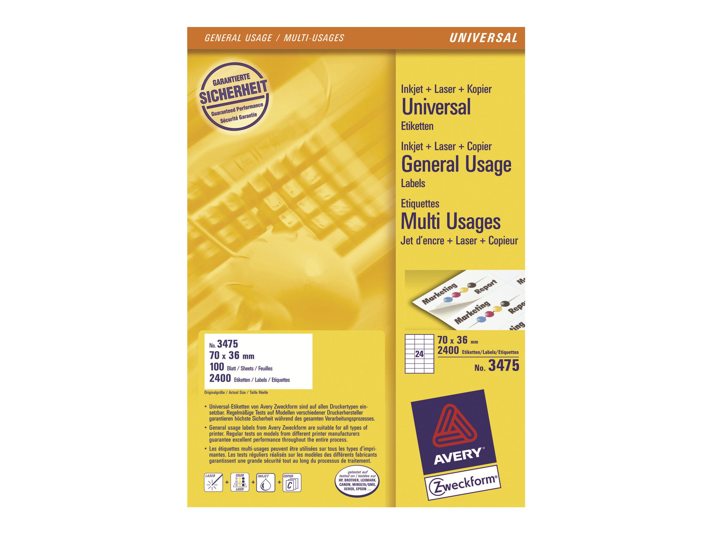 2400 AVERY Zweckform Etiketten 3475 weiss 70,0 x 36,0 mm