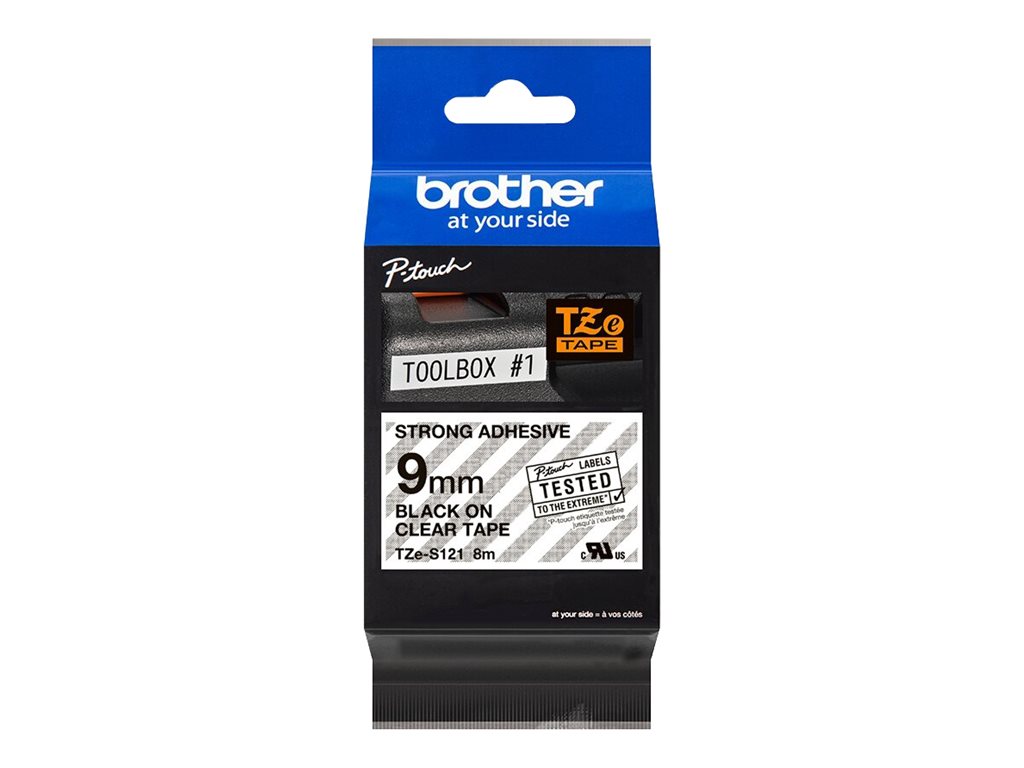 Brother TZe-S121 Schriftband extrem stark haftend Schwarz auf transparent 9mm x 8m