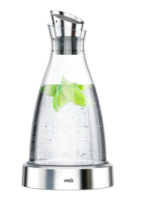 Emsa 505219 Flow K?hlkaraffe Formsch?nes Design K?hlleistung f?r 4h K?hlpad Glas und Edelstahl Transparent 1 Liter, 14 x14x30cm
