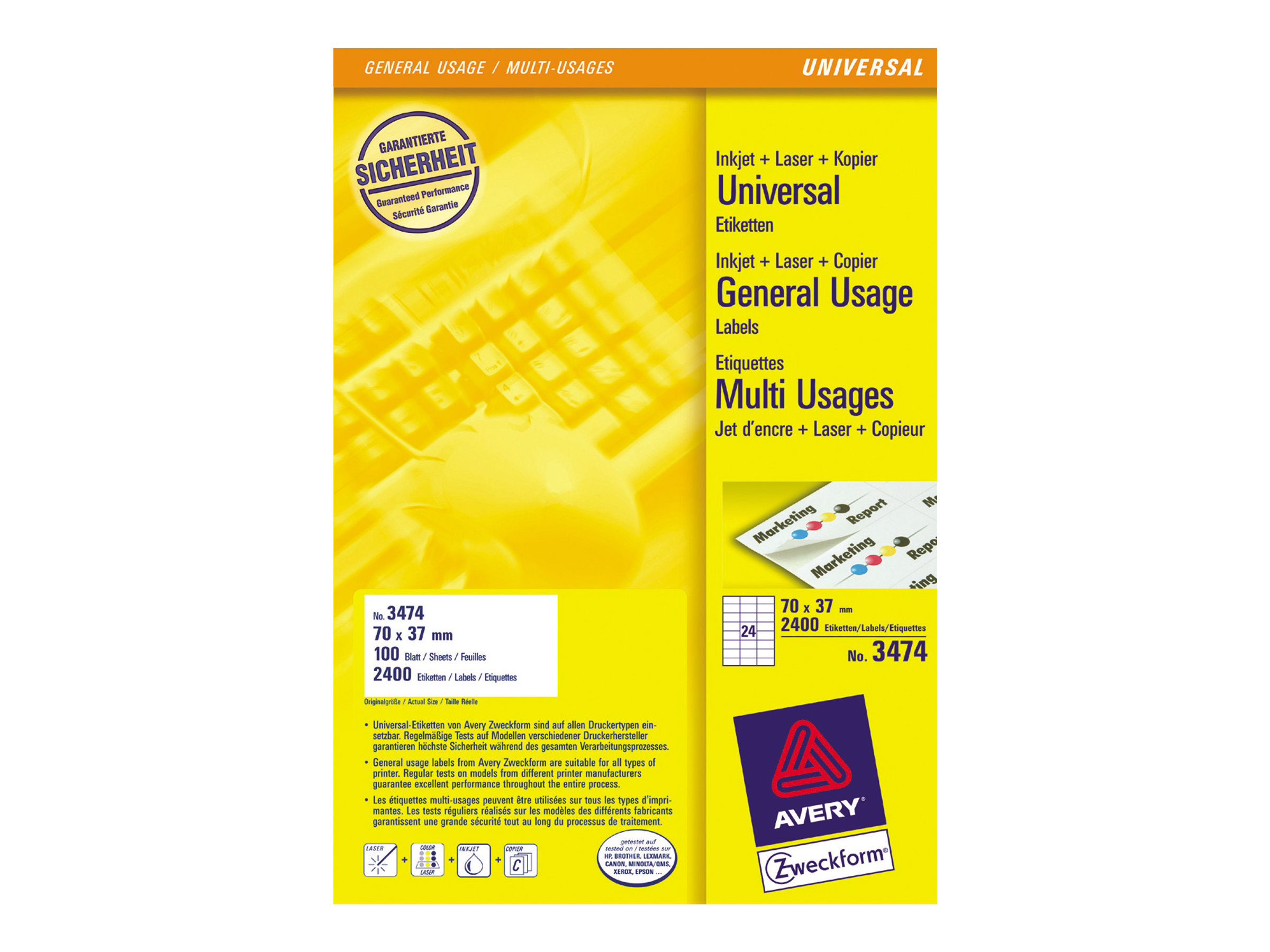 2400 AVERY Zweckform Etiketten 3474 weiss 70,0 x 37,0 mm