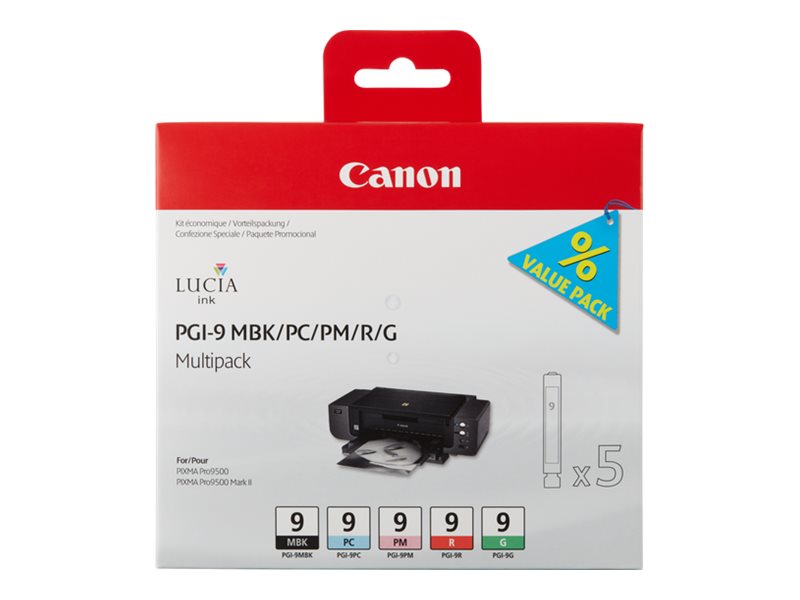 CANON PGI9 MBK, PC, PM, R, G Tinte schwarz und vier Farben Standardkapazitaet combopack blister mit Alarm