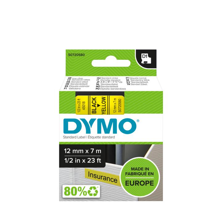 Dymo D1 12mm x 7m Schwarz auf Gelb