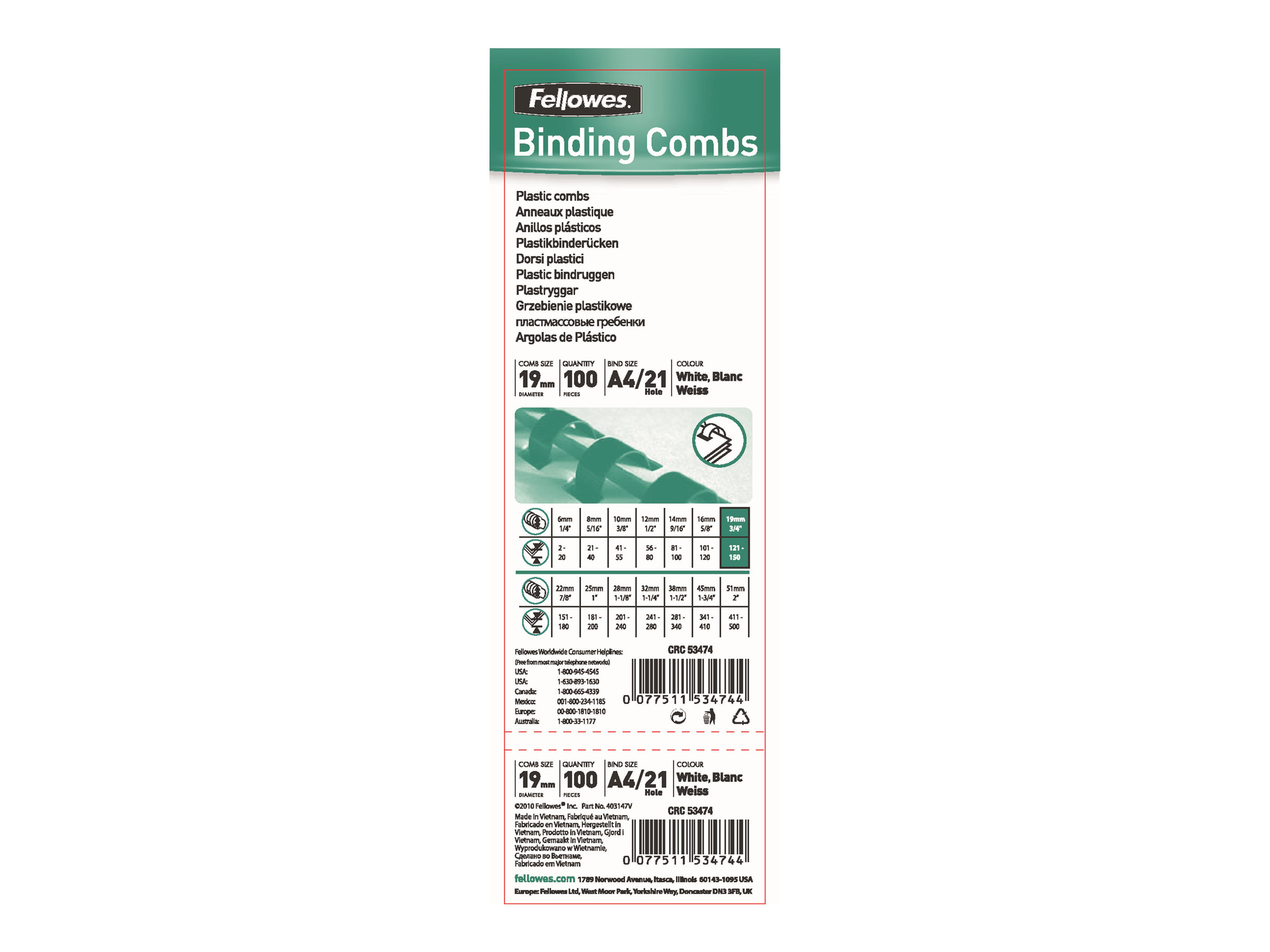 Fellowes Plastic Comb 19 mm weiß