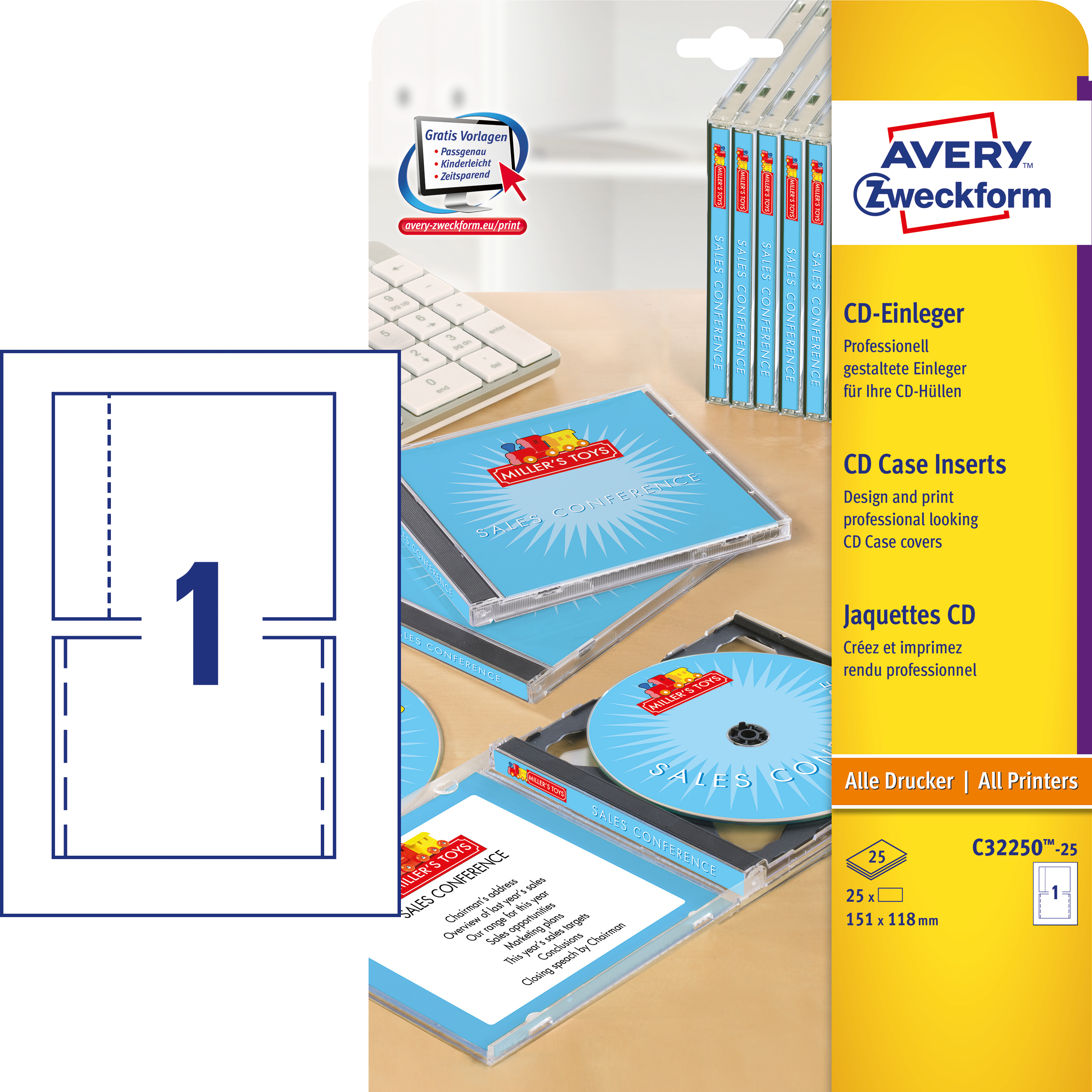 Avery Zweckform CD‑Einleger C32250-25 weiß 25 Sätze