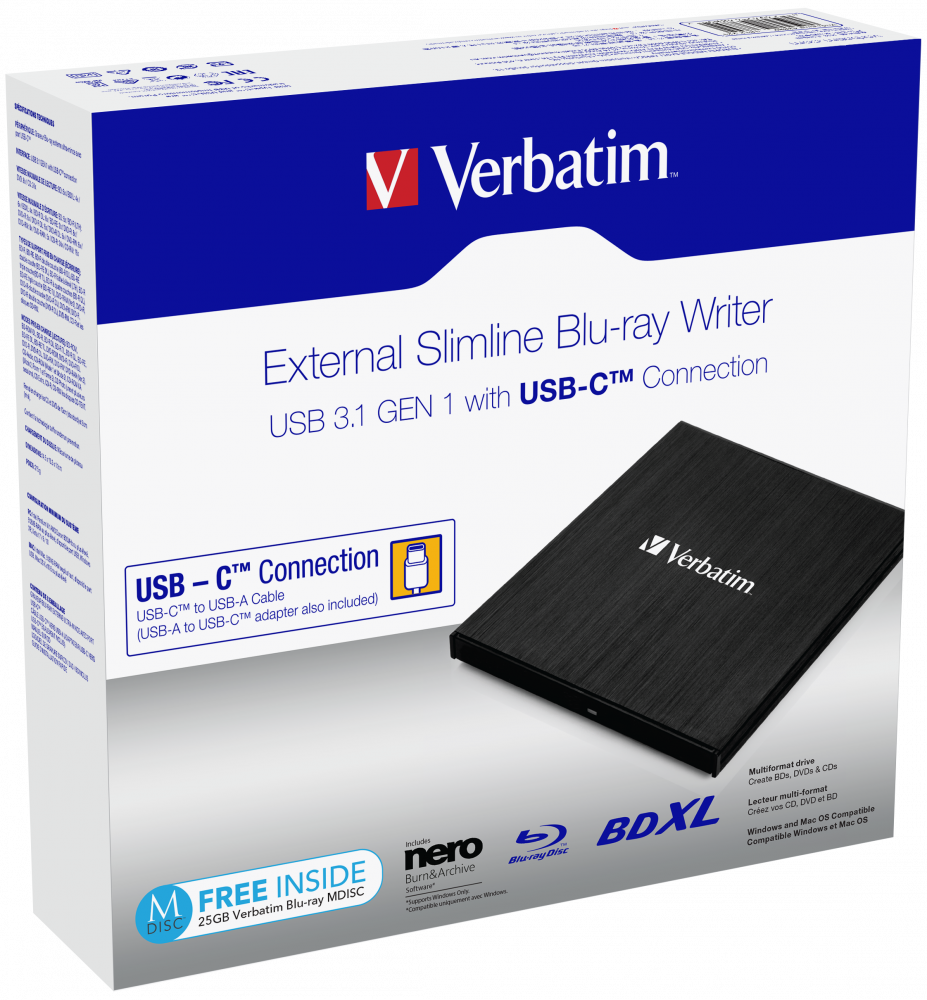 Verbatim Slimline Blu-ray Brenner BDXL USB 3.1 Typ C