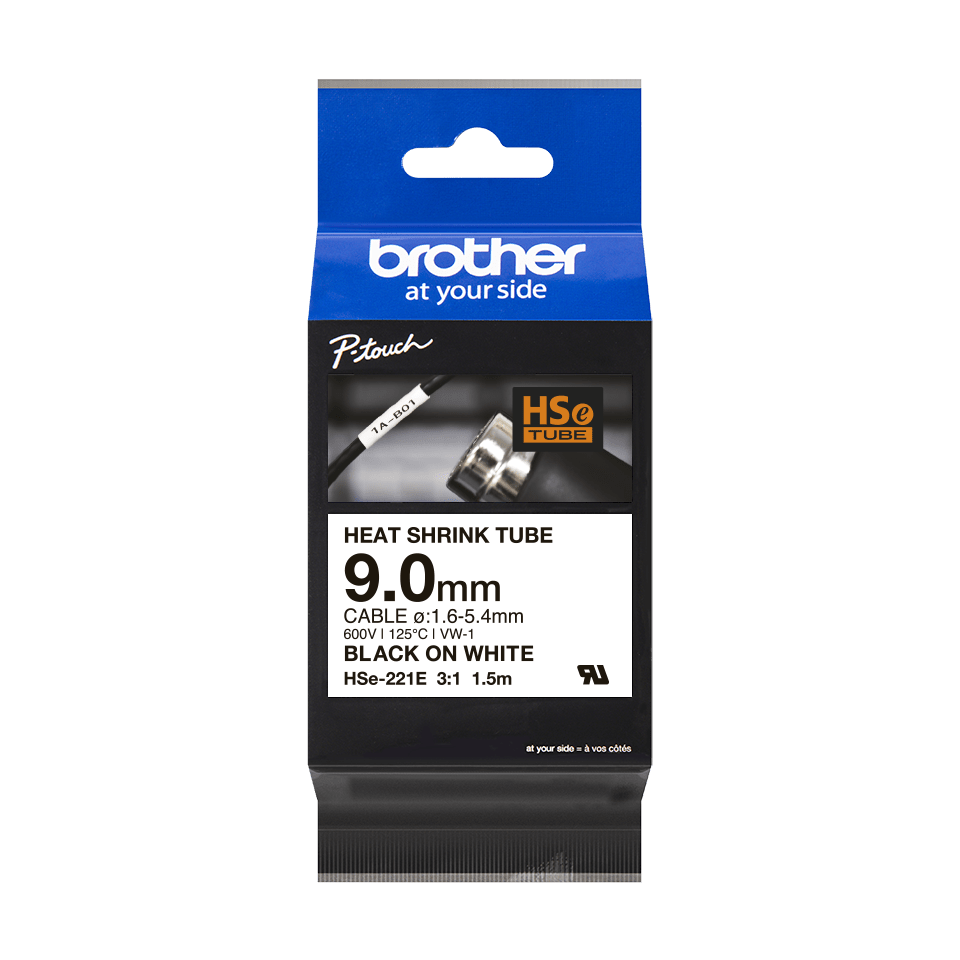 Brother HSe-221E Schrumpfschlauchkassette Schwarz-Weiß 9,0 mm
