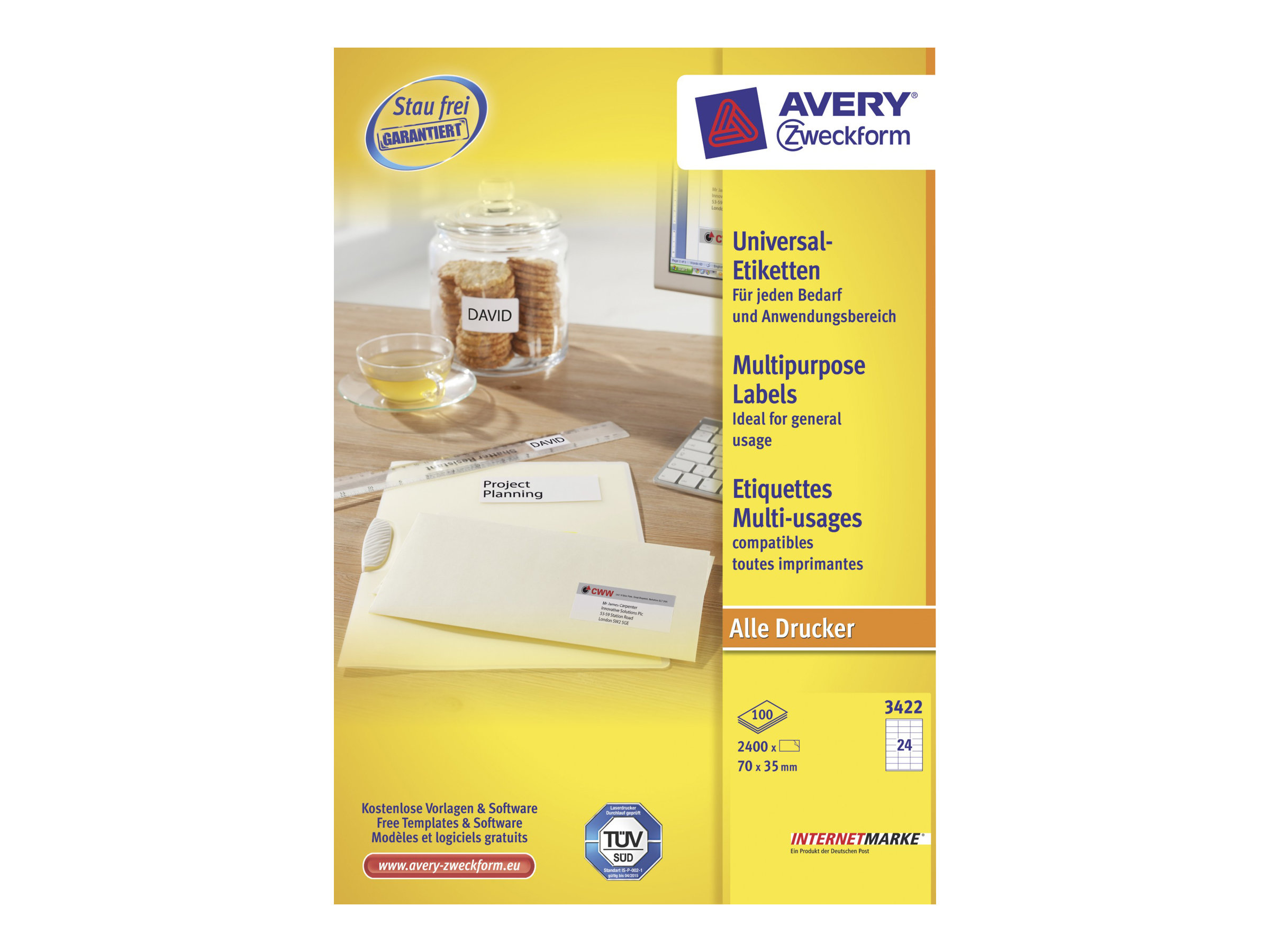 2400 AVERY Zweckform Etiketten 3422 weiss 70,0 x 35,0 mm