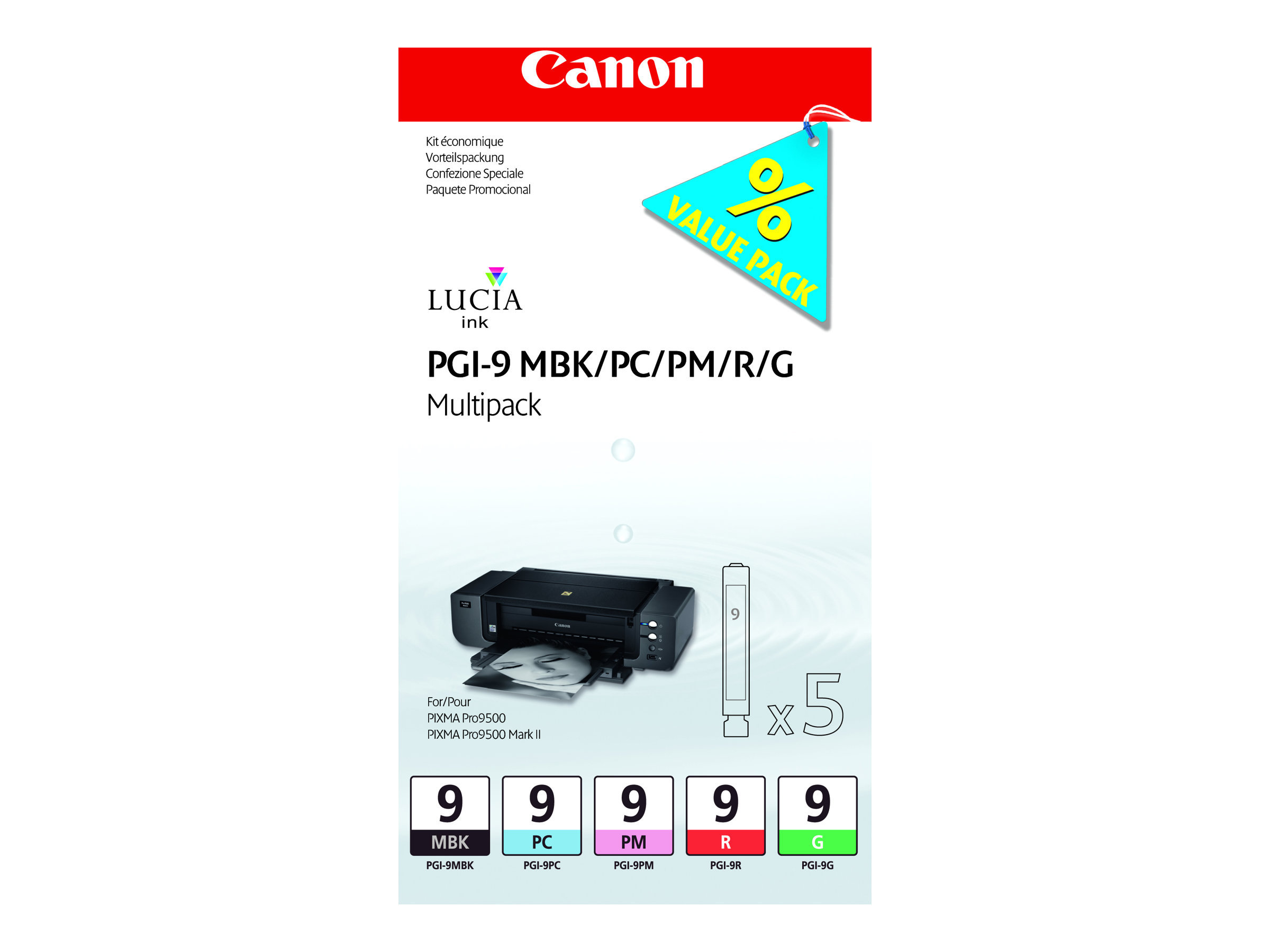 CANON PGI9 MBK, PC, PM, R, G Tinte schwarz und vier Farben Standardkapazitaet combopack blister mit Alarm