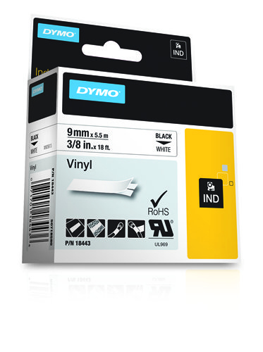 Dymo Rhino Vinyl Schwarz auf Weiß 9 mm