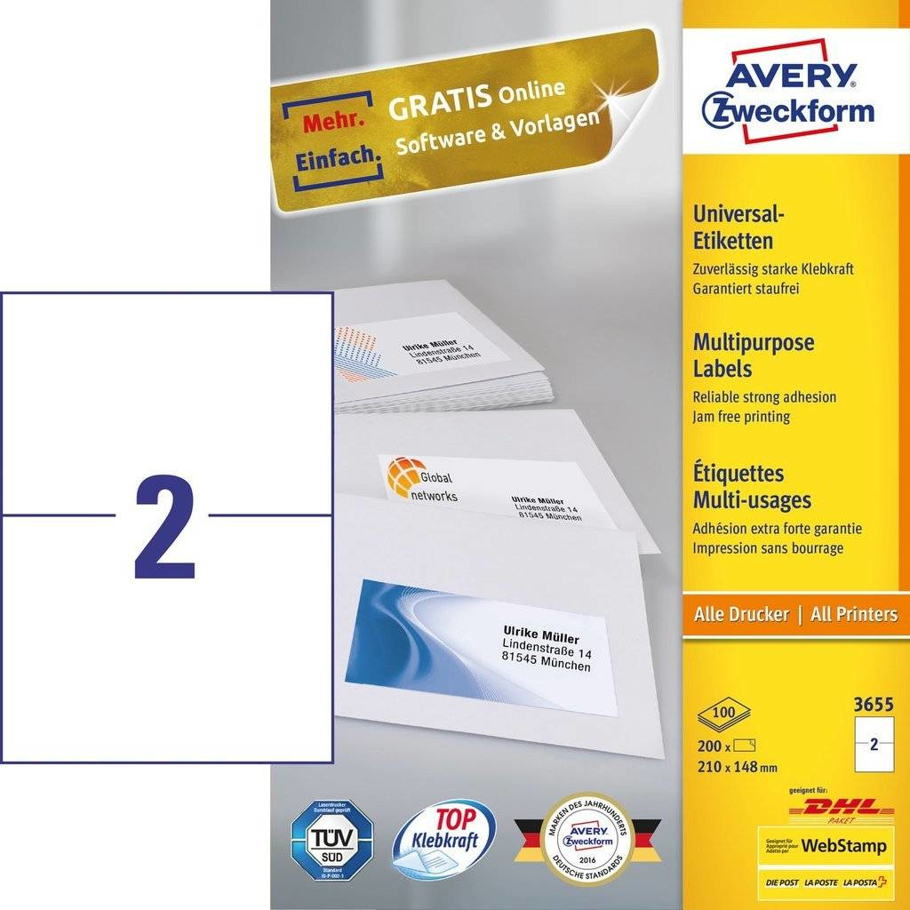 200 AVERY Zweckform Etiketten 3655 weiss 210,0 x 148,0 mm