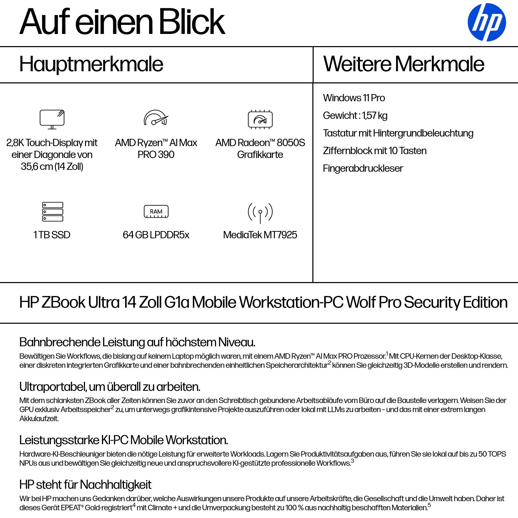 HP ZBook Ultra G1a 14" AMD Ryzen AI Max Pro 390 64 GB Touch