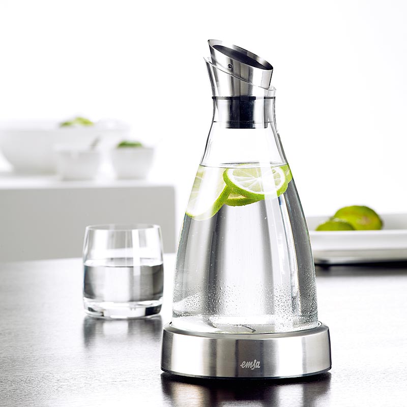 Emsa 505219 Flow K?hlkaraffe Formsch?nes Design K?hlleistung f?r 4h K?hlpad Glas und Edelstahl Transparent 1 Liter, 14 x14x30cm