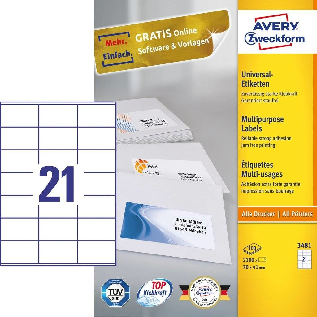 2100 AVERY Zweckform Etiketten 3481 weiss 70,0 x 41,0 mm
