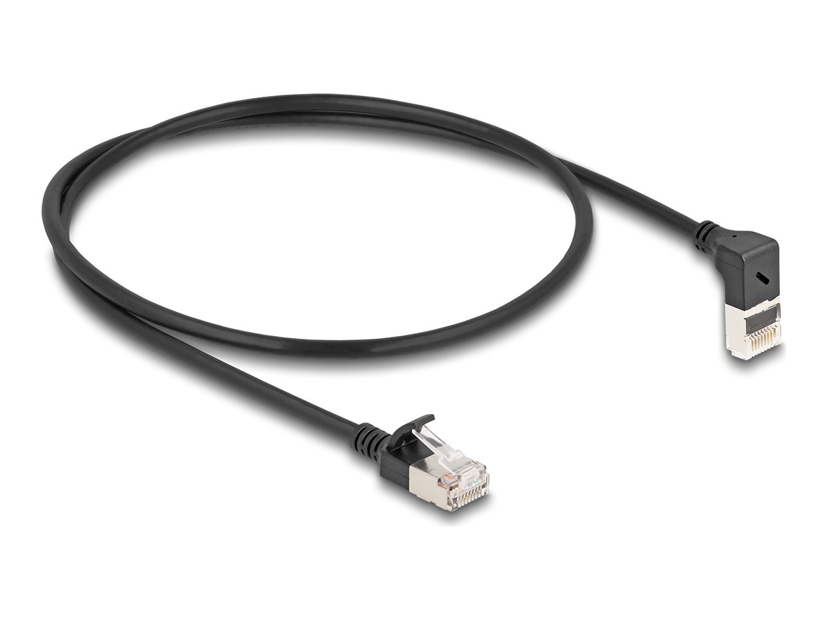 DELOCK RJ45 Netzwerkkabel Cat6A SFTP Slim 90 oben gewinkelt gerade 0,5m schwarz