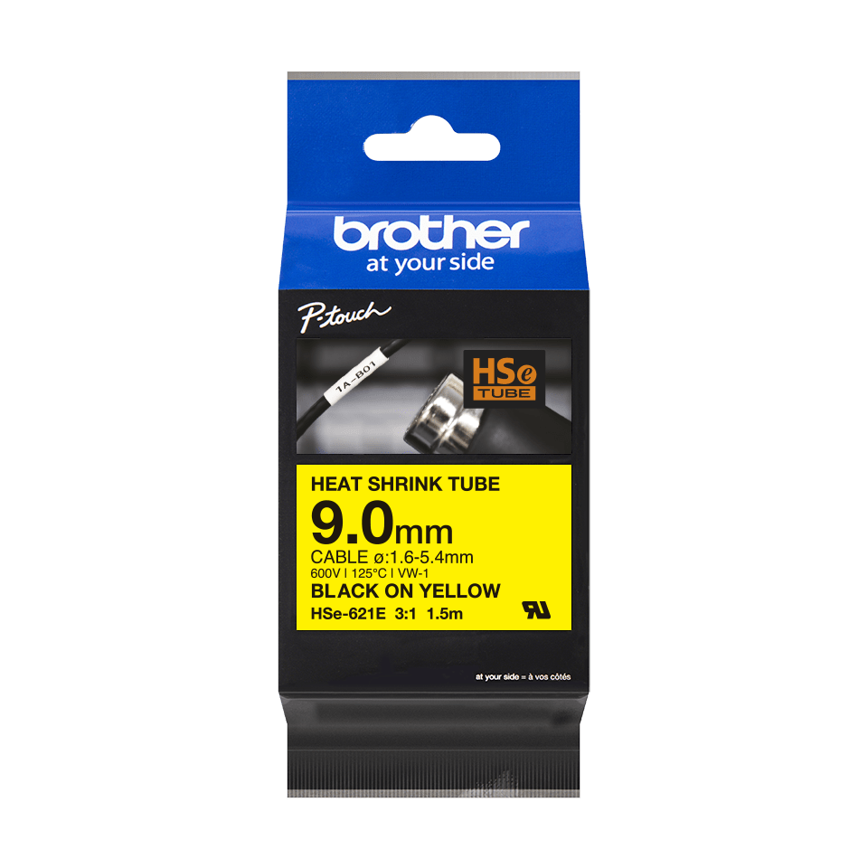 Brother HSe-621E Schrumpfschlauch 9 mm Schwarz auf Gelb