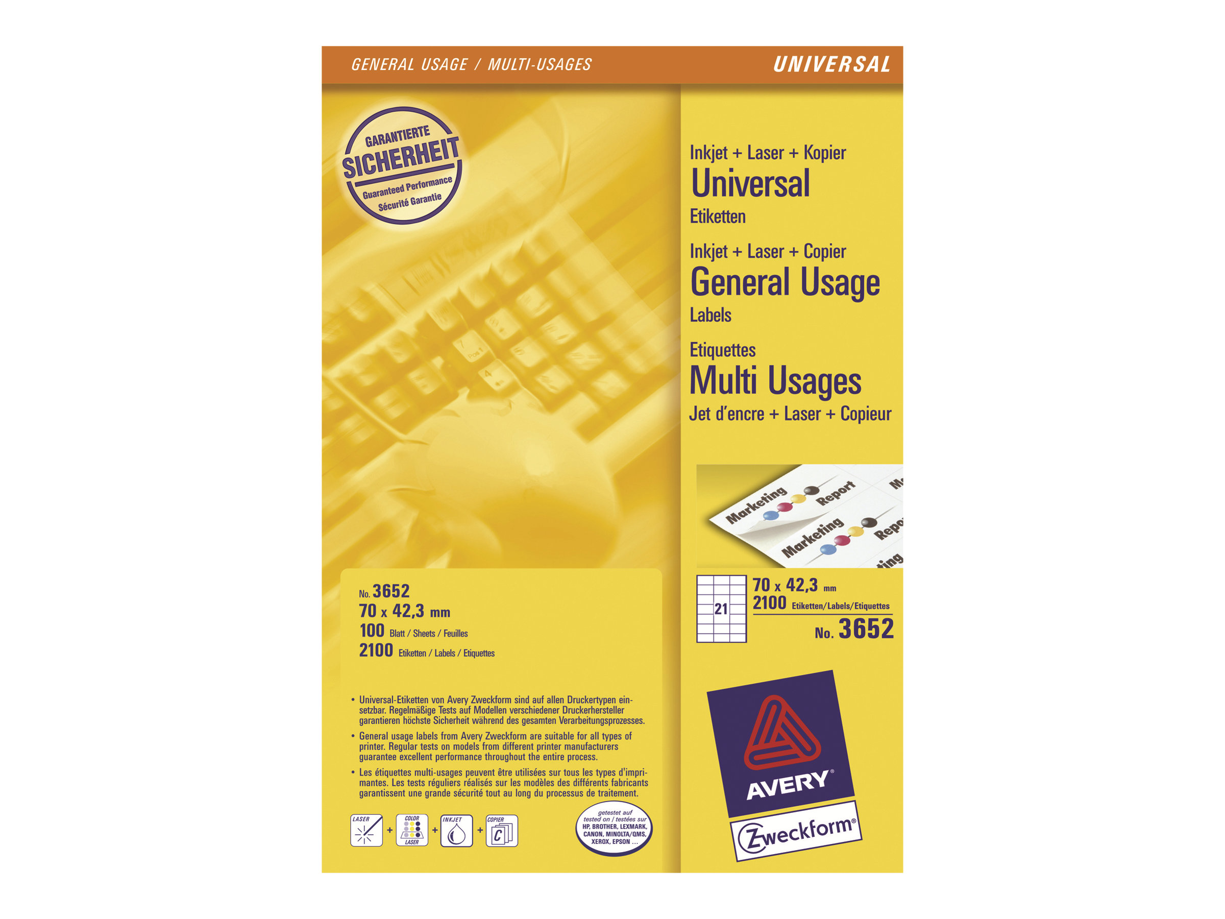 2100 AVERY Zweckform Etiketten 3652 weiss 70,0 x 42,3 mm