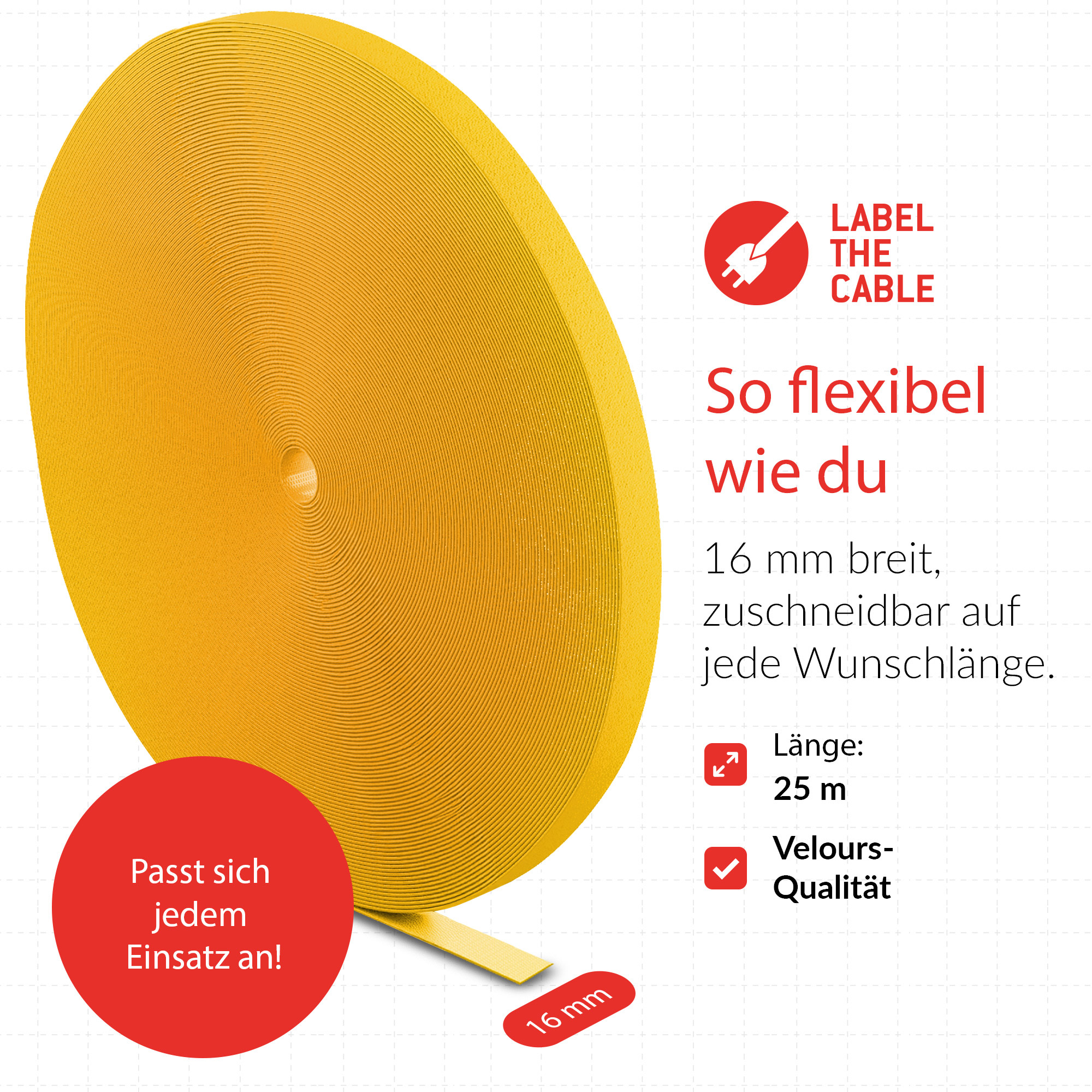 Label-the-cable Klettband ROLL STRAP PRO gelb 25,0 m x 1,6 cm