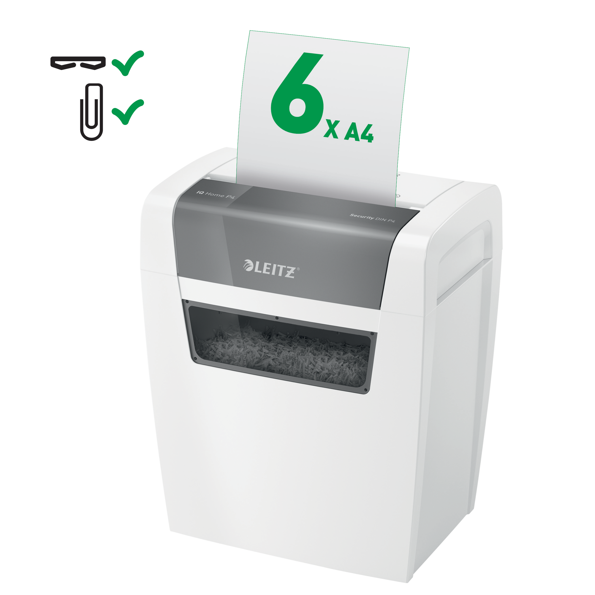 AKTION LEITZ IQ Home Aktenvernichter mit Partikelschnitt P4, 4 x 28 mm, bis 6 Blatt, weiss mit 5 Euro CashBack