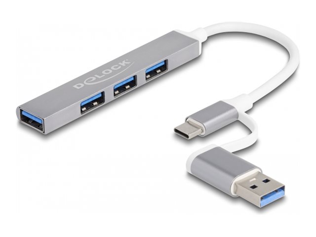 DELOCK 4 Port Slim USB Hub mit USB TypeC oder USB TypA zu 3 x USB 20 TypA Buchse 1 x USB 5 Gbps TypA Buchse