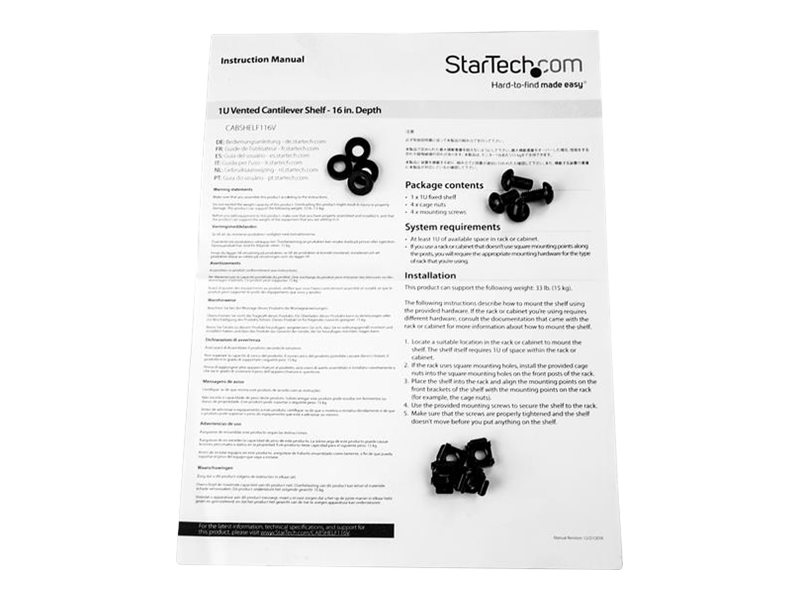 StarTech.com 1U Rack Shelf Belüftet Stahl Schwarz